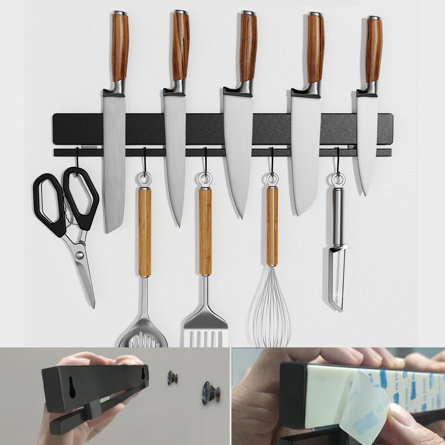 YIIYIIN 17 Inch Magnetic Knife Holder, 12 Hooks, Black