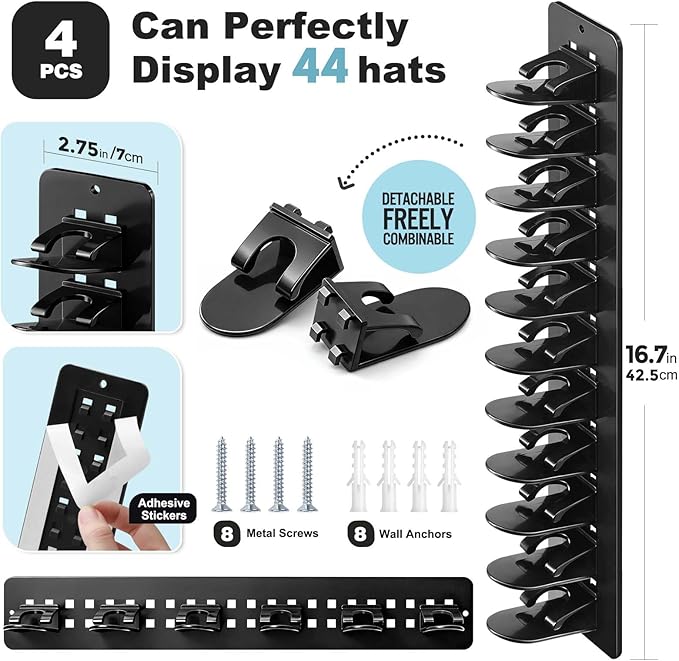 4 Pack Hat Organizer for Baseball Caps, Detachable DIY Hat Rack for Wall Hat Holder Hold up to 44 Hats, Baseball Cap Organizer Cap Holder Hat Hangers for Wall Closet Door Bedroom(4pcs,Black)
