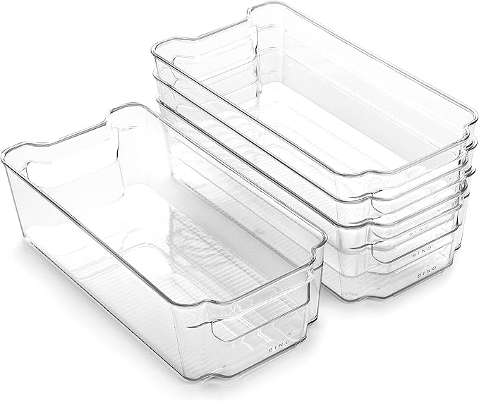 BINO | Stackable Storage Bins, Small - 4 Pack | The Stacker Collection | Clear Plastic Storage Bins | Organization and Storage Containers for Pantry & Fridge | Multi-Use Organizer Bins | BPA-Free