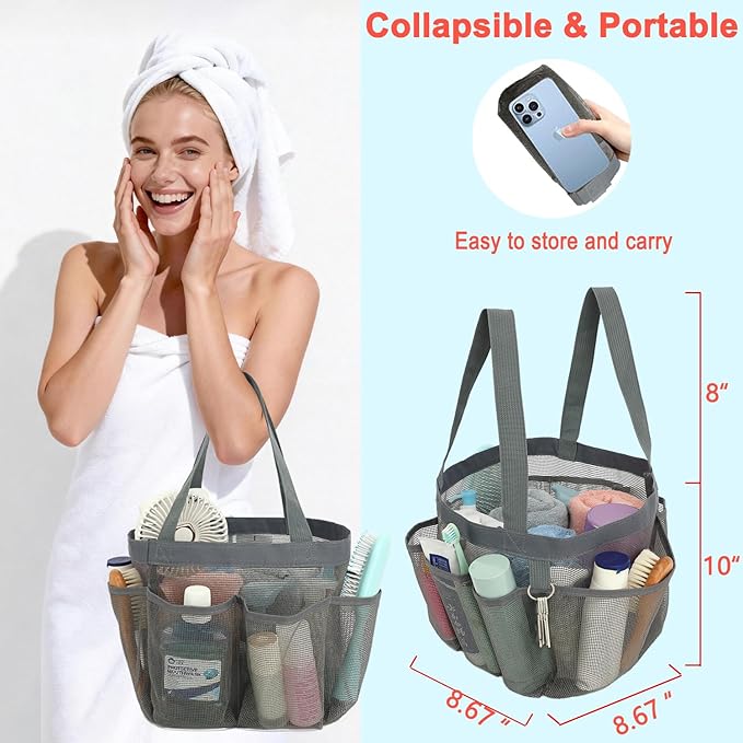 Mesh Shower Caddy Portable for College Dorm Room Essentials, 8-Pocket Large Shower Basket Tote Bag with 2 Handles for Toiletry, Bathroom, Beach, Camp, Gym