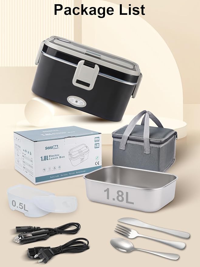 1.8L+0.5L Heated Lunch Box for Men, 80W Electric Lunch Box with Long-handled Utensils for Adults, 12V/24V/110V Lonchera Eléctrica Portátil, Portable Food Warmer for Car/Truck/Office (B/G)