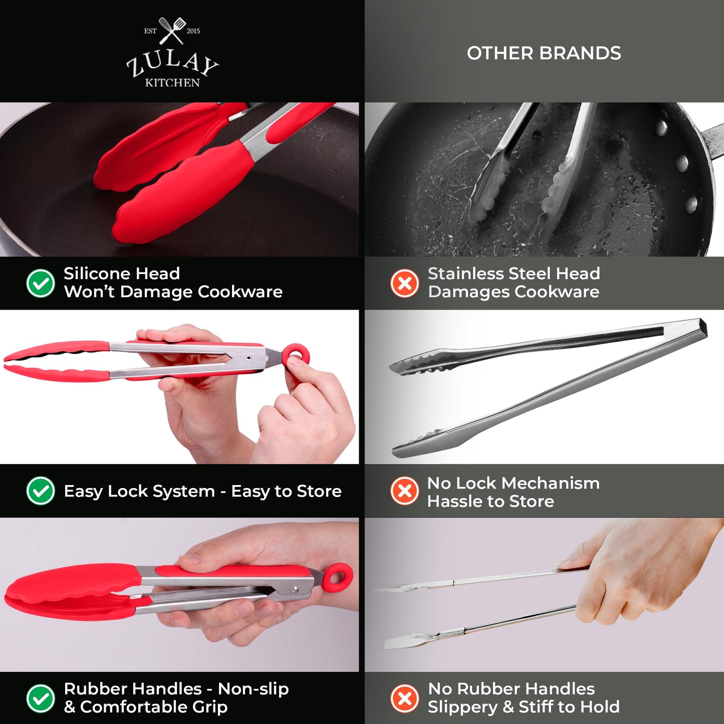 Zulay Stainless Steel Kitchen Tongs with Silicone Tips - Set of 2 (9” & 12”) Locking Cooking Tongs with Non-Slip Grip - Heat Resistant, BBQ Food Tongs for Non-Stick Cooking Pans (Silver/Soft Red)
