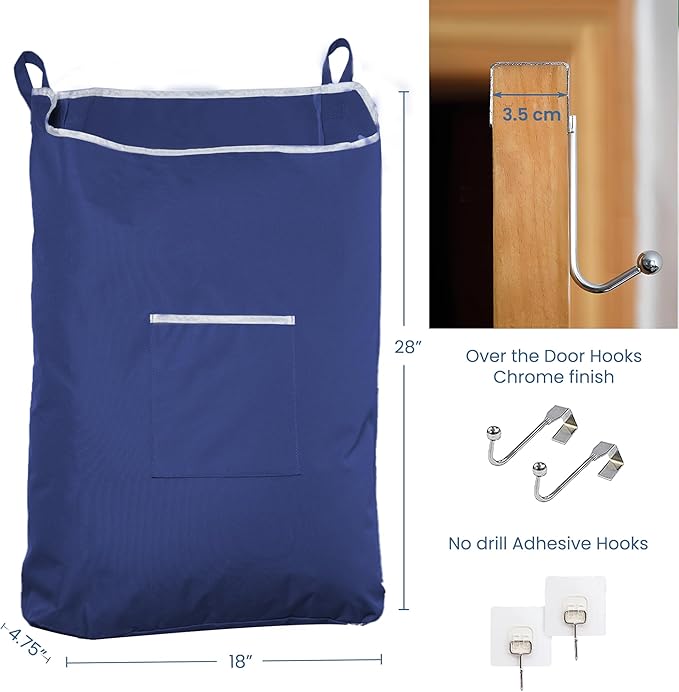 Fine Living Large Hanging Laundry Hamper with Over Door Hooks & Adhesive, Durable Space Saving Laundry Bag with Zipper and Wide Open Top, Hanging Dorm Laundry Hamper 18"x4.75"x28" (Navy Blue-L)