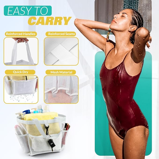 Mesh Shower Caddy Portable for College Dorm Room Essentials with 8 Pockets, Shower Bag for Beach, Swimming, Gym, Travel, Bathroom(All white)