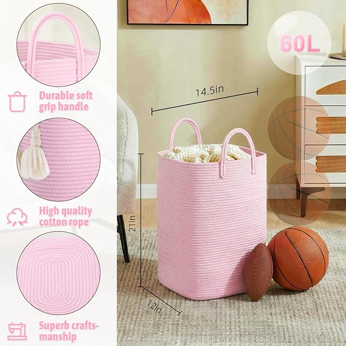 Laundry Basket,Woven Cotton Rope Laundry Hamper,60L Versatile Storage for Dirty Clothes,Baby Toys,and Blankets in Bathroom, Nursery,and Living Room