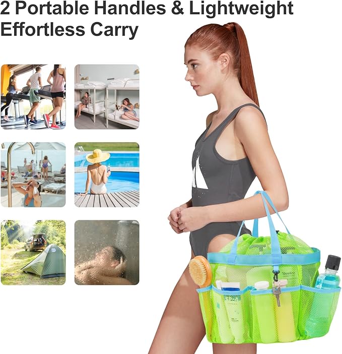 F-color Mesh Shower Caddy Portable with Drawstring - Large 8 Pockets Dorm Room Essentials for Guys Girls with S Hook, Shower Bag Basket Tote for College Camping Gym Travel Toiletry Bathroom, Green