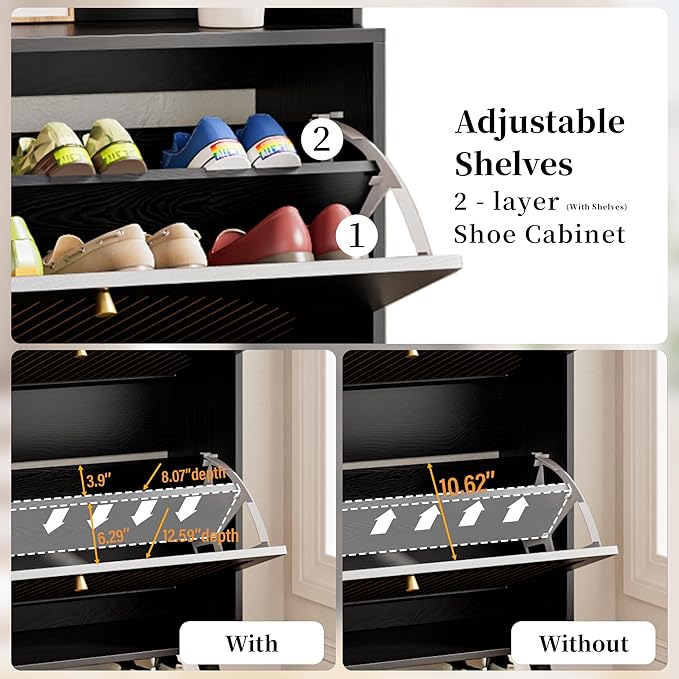 Shoe Cabinet for Entryway with 2 Flip Drawers & Coat Rack, Narrow Hidden Shoe Storage Cabinet with Fluted Panel, 2-in-1 Hall Tree Slim Freestanding Shoe Rack Organizer for Hallway, Black