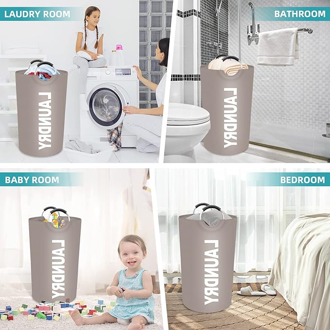 StorageRight 75L Large Laundry Basket, Laundry Hamper, Dirty Clothes Hamper for Laundry, Collapsible, Waterproof Laundry Baskets with Foam Protected Aluminum Handles for Laundry, Dorm, Family (Khaki)
