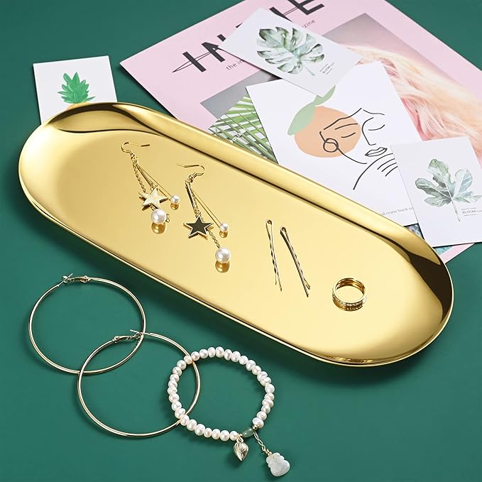 Gold Oval Vanity Tray, Stainless Steel Jewelry Tray, Bathroom Tray, Makeup Cosmetic Trays,Towel Napkin Tray, Storage Organizer,11.8 x 4.8 inches (LxW), Large