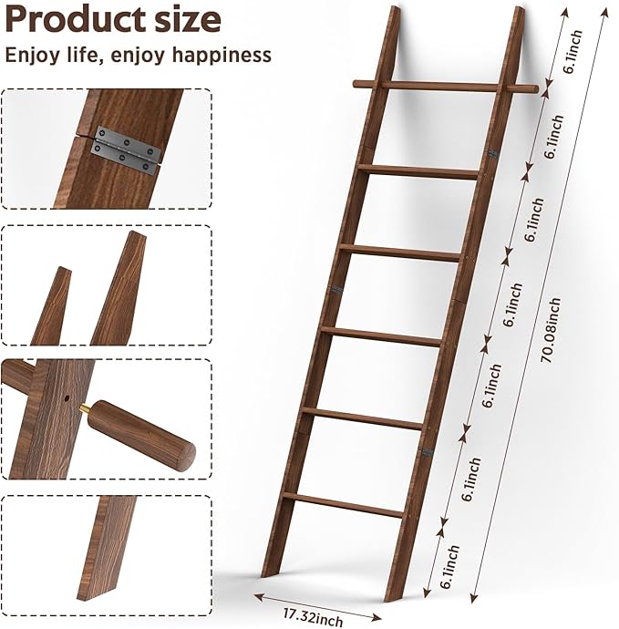 Farmhouse 6 Ft Wooden Blanket Ladder with Removable Hooks, 6-Tier Rustic Blanket Rack Decorative Stand, Leaning Towel Quilt Rack Holder for Bathroom Living Room Decor Brown