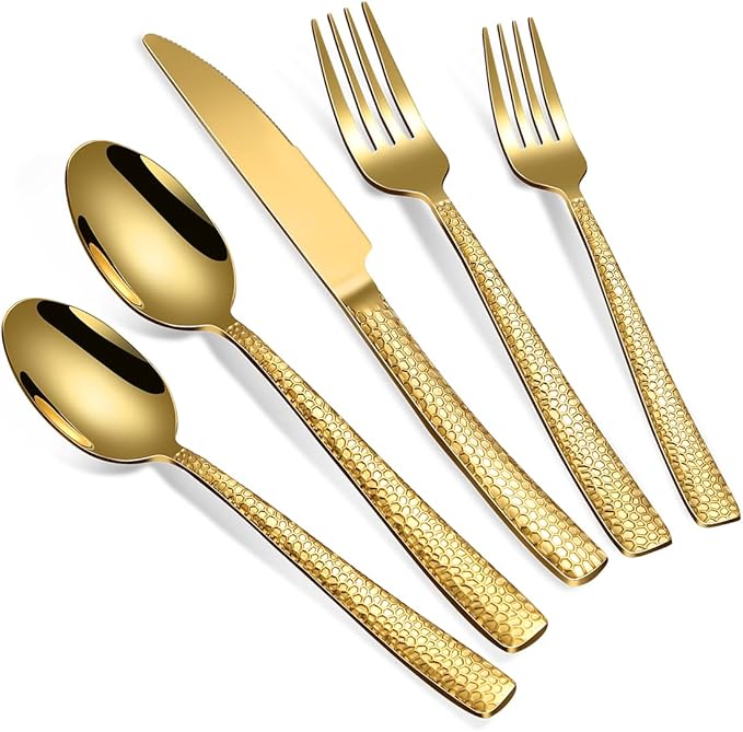 Large Hostess Serving Utensils Set, Stainless Steel Heavy Duty Hammered Serving spoons, Slotted Spoons, Serving Fork, Cake Server, Butter Knife, Dishwasher Safe（Black）