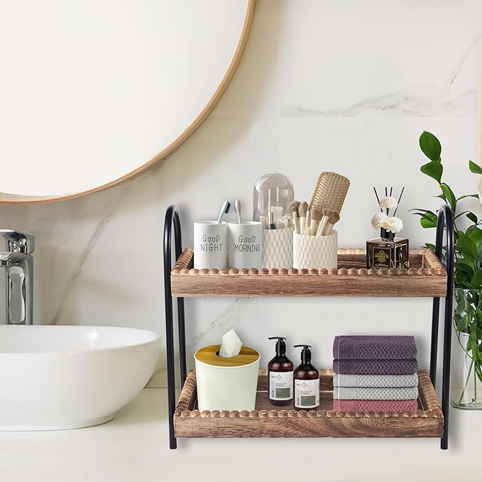 Bathroom Countertop Organizer, 2 Tier Vanity Organizer and Storage for Cosmetic Skincare Perfume, Wood Bead Storage Shelf for Bathroom Kitchen Coffee Station