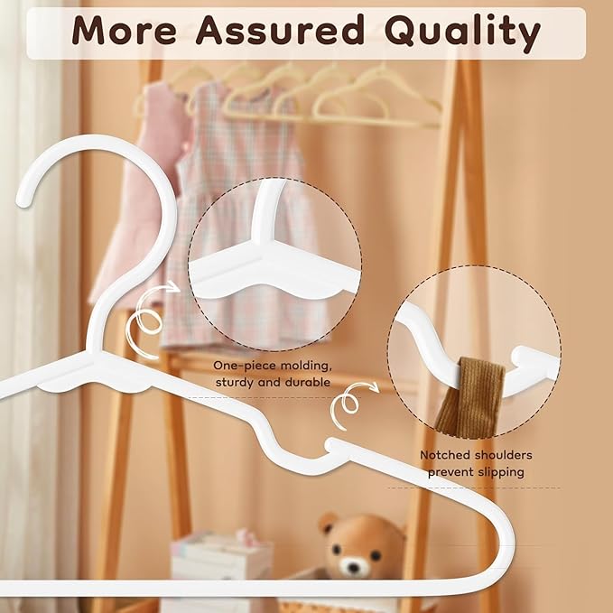 VTRIN Baby Hangers 100 Pack Large Capacity Hard Plastic Kids Hangers Suitable for All Clothes of Infant and Toddler, Such as Short, Shirts and Thick Coats, for Kids Clothes