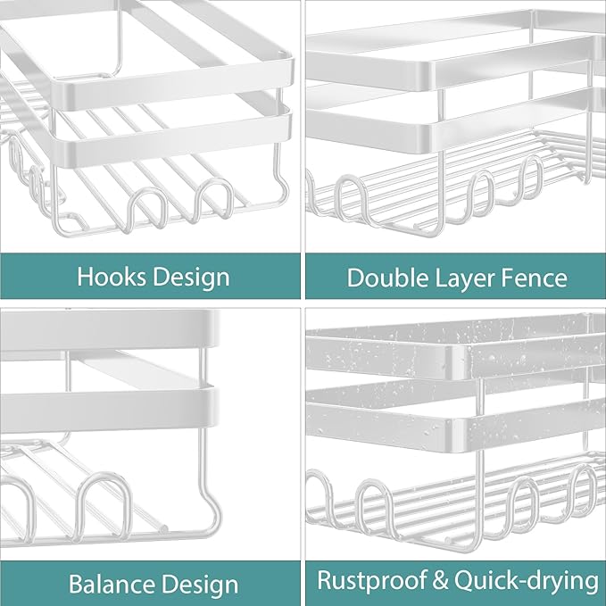 StorageRight Corner Shower Caddy, 3 Pack Adhesive Bathroom Accessories with Soap Holder, Storage Stainless Shower Organizer Shelf with Hooks, No Drilling Shower Shelves for Bathroom(White, X-Large)