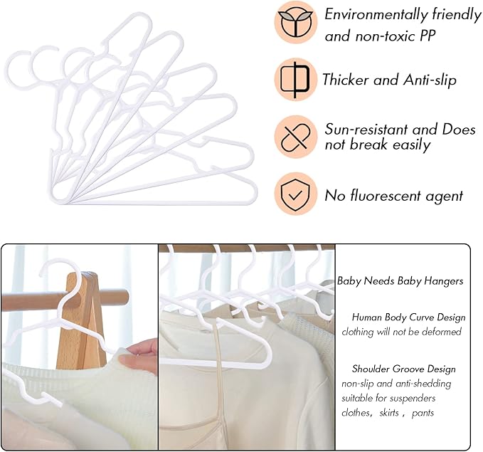 60 Pack White Kids Hangers 11.6 Inch - Baby Clothes Hangers for Toddler & Child, Durable Plastic Children's Hangers for Closet, Pants, Coats, Skirts (Non-Slip, Space-Saving)