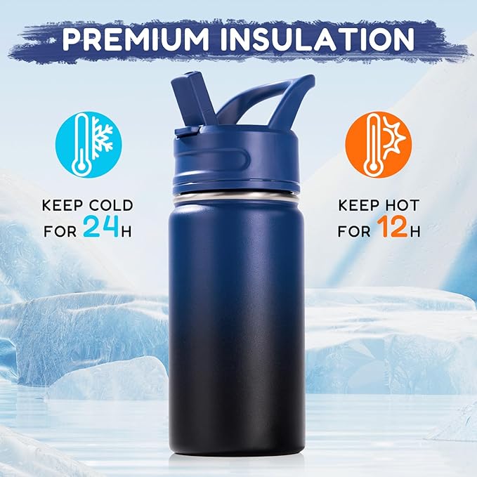 12oz Kids Water Bottle for School, Toddler Bottles with Straws, Stainless Steel Vacuum Insulated Water Bottle for Boys&Girls, Leak-Proof, BPA-Free, Blue Black