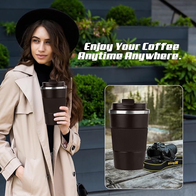 Vacuum-Insulated Stainless Steel Travel Coffee Mug, Leak-Proof Reusable Coffee Cup with Lid - Keep Hot & Cold Drinks for Hours, Durable Insulated Tumbler for Men & Women(3rd-Dark Coffee, 12OZ)