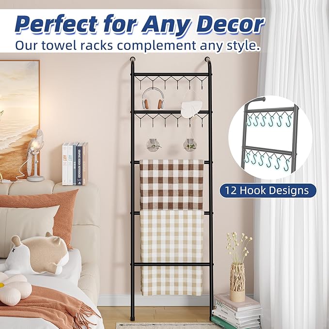 Simple Trending Blanket Ladder，5 Tier Metal Towel Rack with 12 Hooks, 79'' Metal Style Decorative Ladder for The Living Room Bedroom Bathroom Home Decor, Black