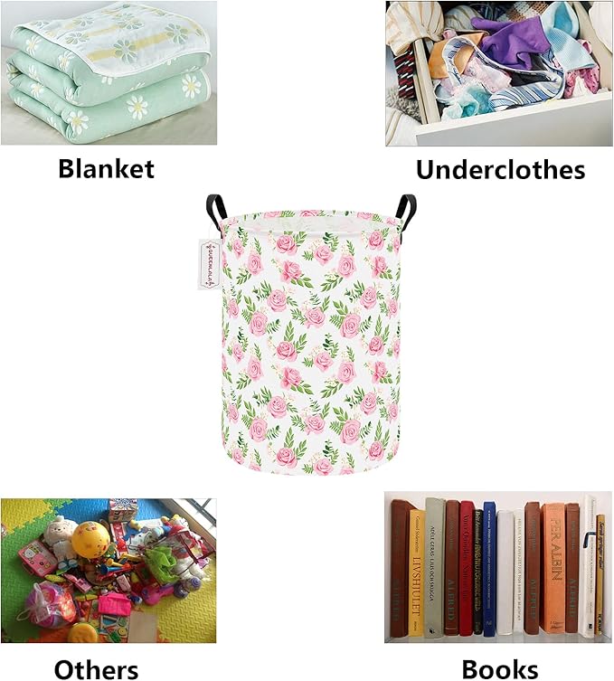 QUEENLALA Large Storage Basket,Laundry Hamper/Bathroom/Home Decor/Collapsible Round Storage Bin,Boys and Girls Hamper/Boxes/Clothing(Round-Pink roses)