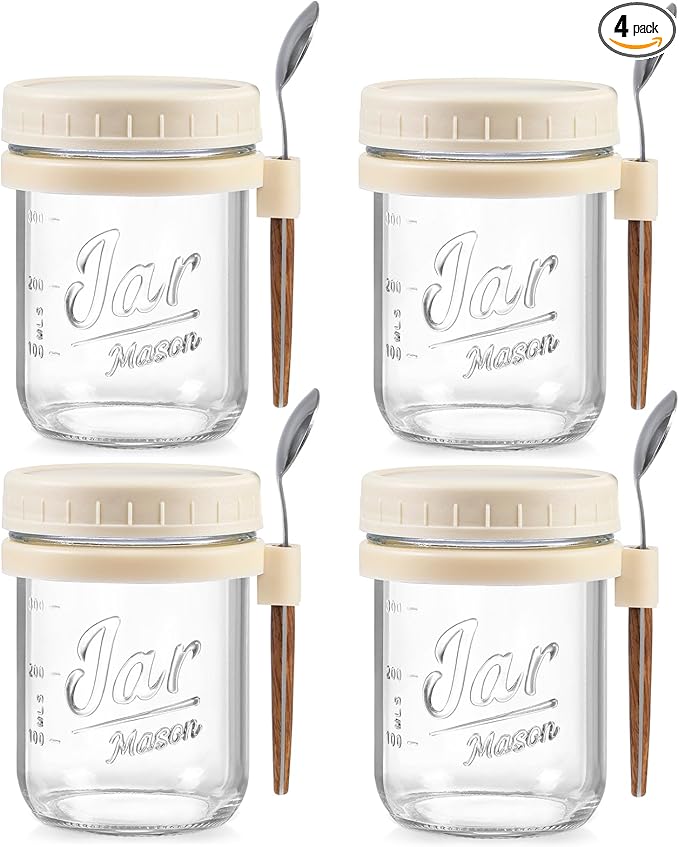 LANDNEOO 4 Pack Overnight Oats Containers with Lids and Spoons, 16 oz Glass Mason Jars with Airtight Lids, Overnight Oats Jars for Milk, Cereal, Fruit-Beige