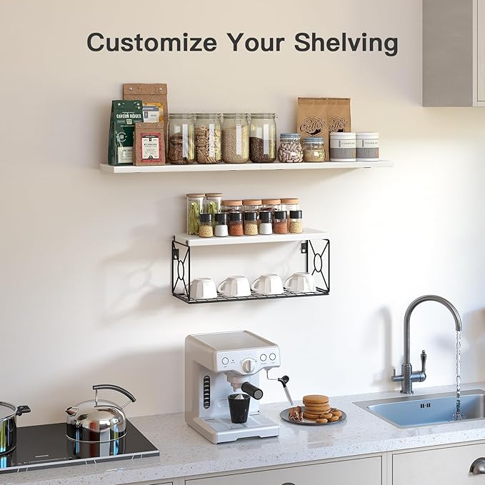 Amada Bathroom Shelves Over Toilet with Storage Basket, Floating Wall Shelf for Home Organization & Wall Decor, Bathroom/Kitchen/Living Room Shelves–White