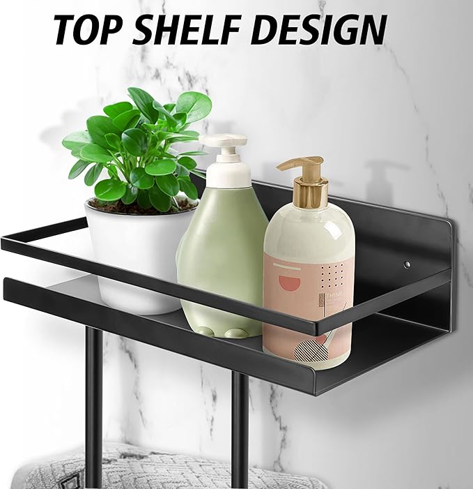 Towel Racks for Bathroom, Towel Rack Wall Mounted with Metal Shelf and 5 Hooks for Small Bathroom, Towel Holder for Bathroom, Bath Towel Storage for Rolled Towels Organizer, Black