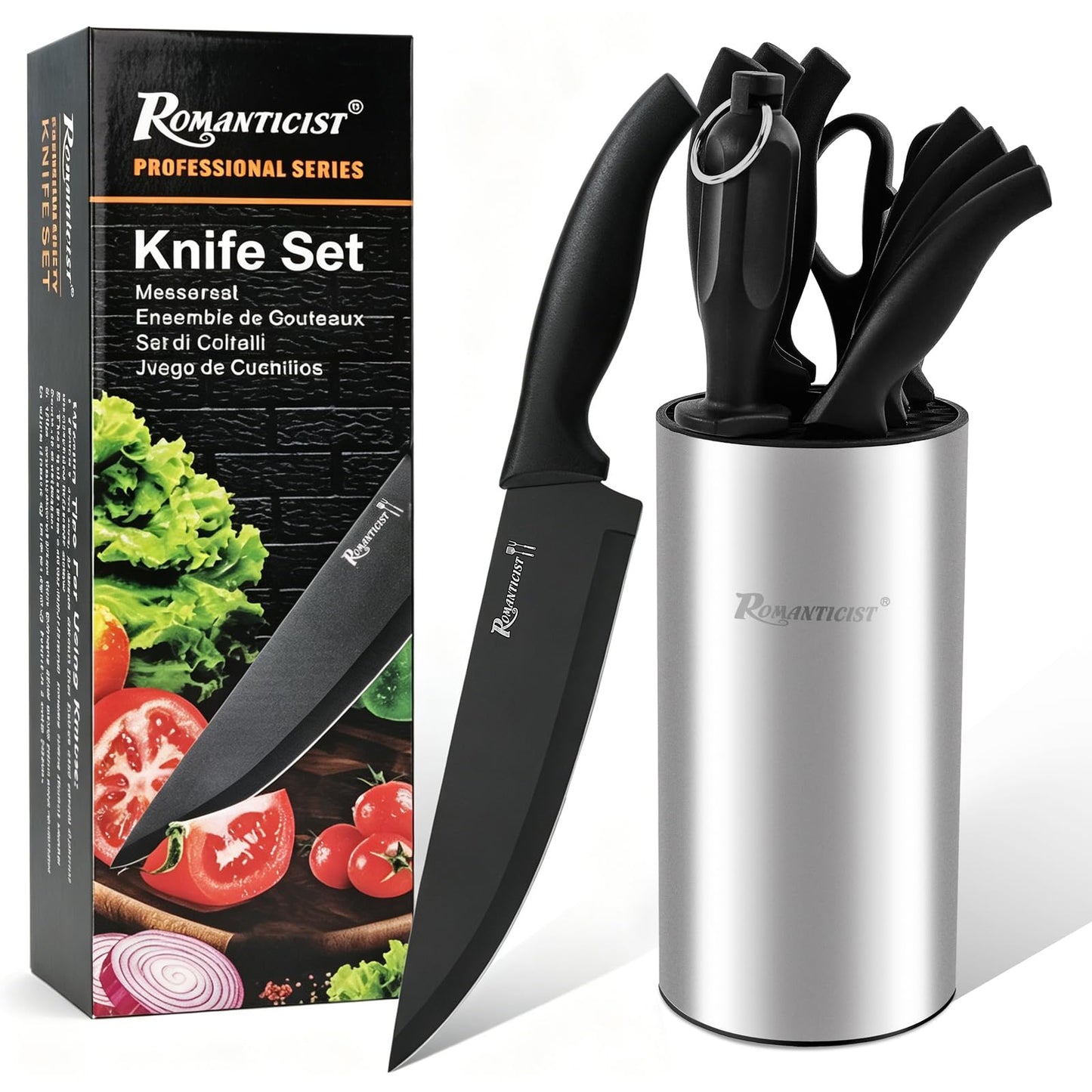 ROMANTICIST Kitchen Knife Sets, 10PCS High Carbon Stainless Steel Knife Sets with Block, Black Knife Block Set, Knives Set for Kitchen with Anti-slip Handle, Exquisite Knives Set New Home Essentials