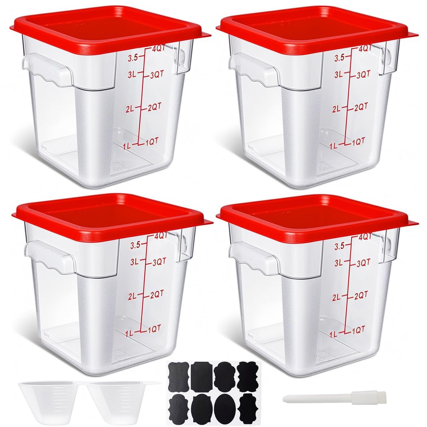 4 Pack 4QT Food Storage Containers with Green Lids - Square, Clear