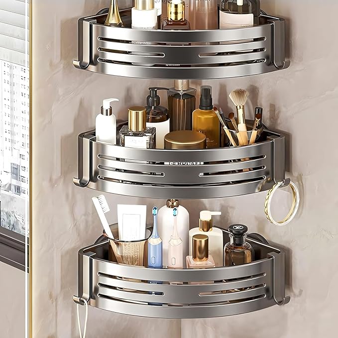 Corner Shower Caddy Suction Cup,Shower Shelves with Hooks,No Drilling Powerful Suction Bathroom Organizers and Storage,Removable Waterproof Rustproof Shower Bathroom Accessories Decor(Grey 3Pack)