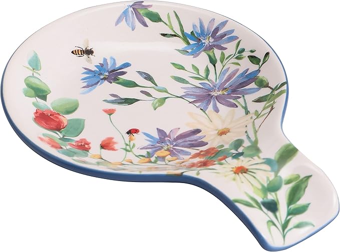 Bico Magnolia Floral Spoon Rest for Stove Top, Ceramic Spoon Holder for Kitchen Counter, Easy to Clean Coffee Spoon Rest Dishwasher Safe, Kitchen Cooking Utensil Rest for Ladles Spatula