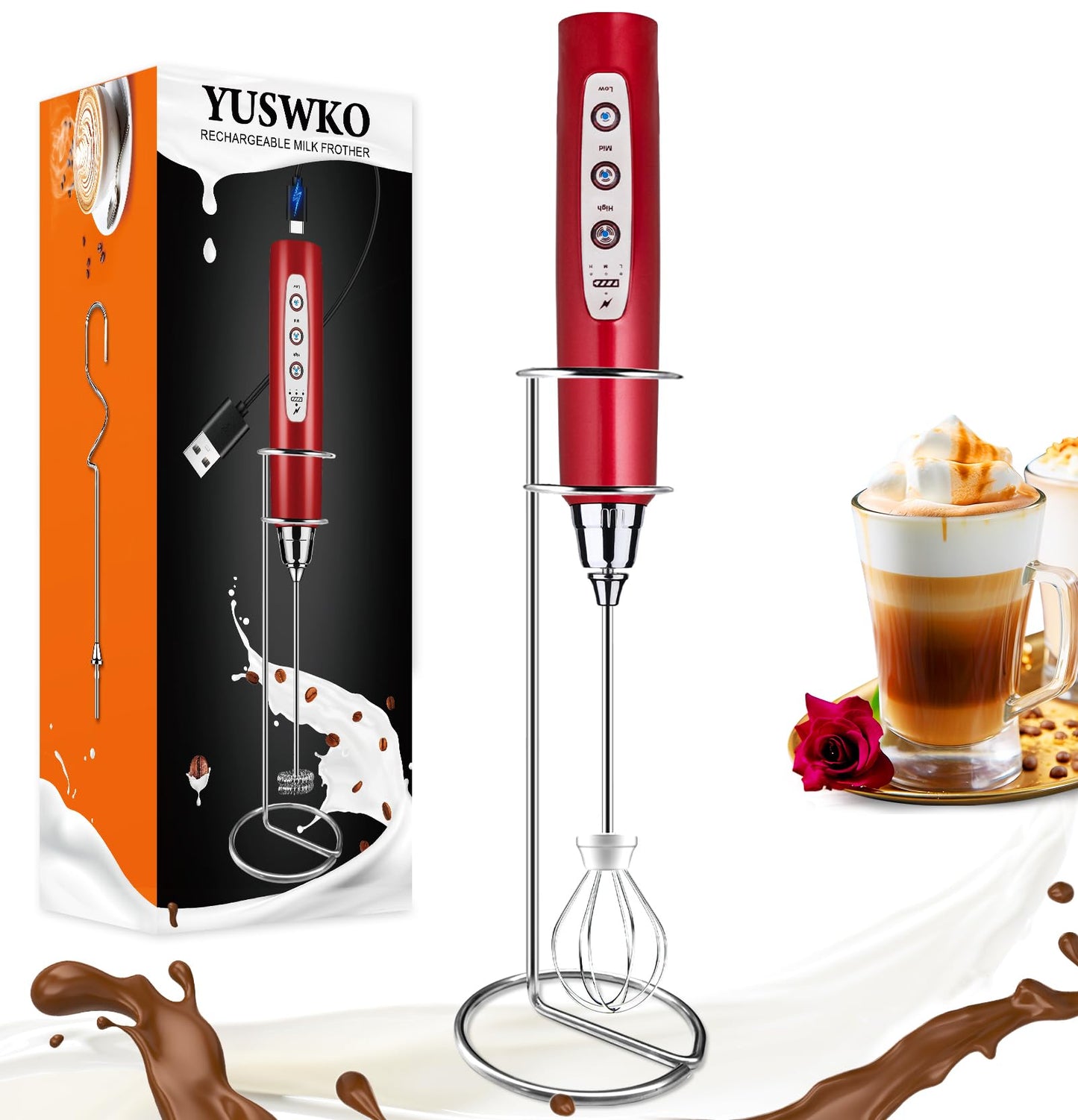 YUSWKO Handheld Milk Frother Wand for Coffee, Rechargeable Electric Whisk with 3 Heads 3 Speeds Drink Mixer Coffee Frother For Latte, Cappuccino, Hot Chocolate, Egg, Beige