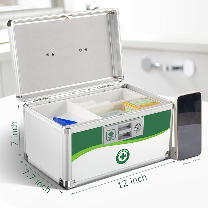 Medicine Lock Box with Keys, Medication Storage Lock Box, (Size-Medium 12 * 7 * 7.1inch) First Aid Safe Layered Aluminum Daily Medicine Lockable Box with Key