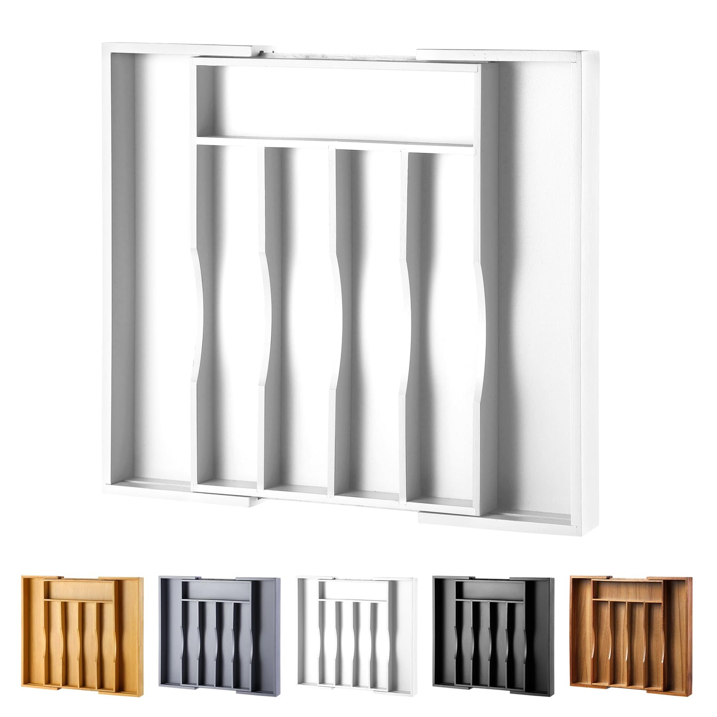 oridom Expandable Bamboo Kitchen Drawer Organizer for Cutlery and Utensils, Adjustable Bamboo Wood Cutlery Tray in Drawer for Flatware and Silverware in Kitchen, (White)