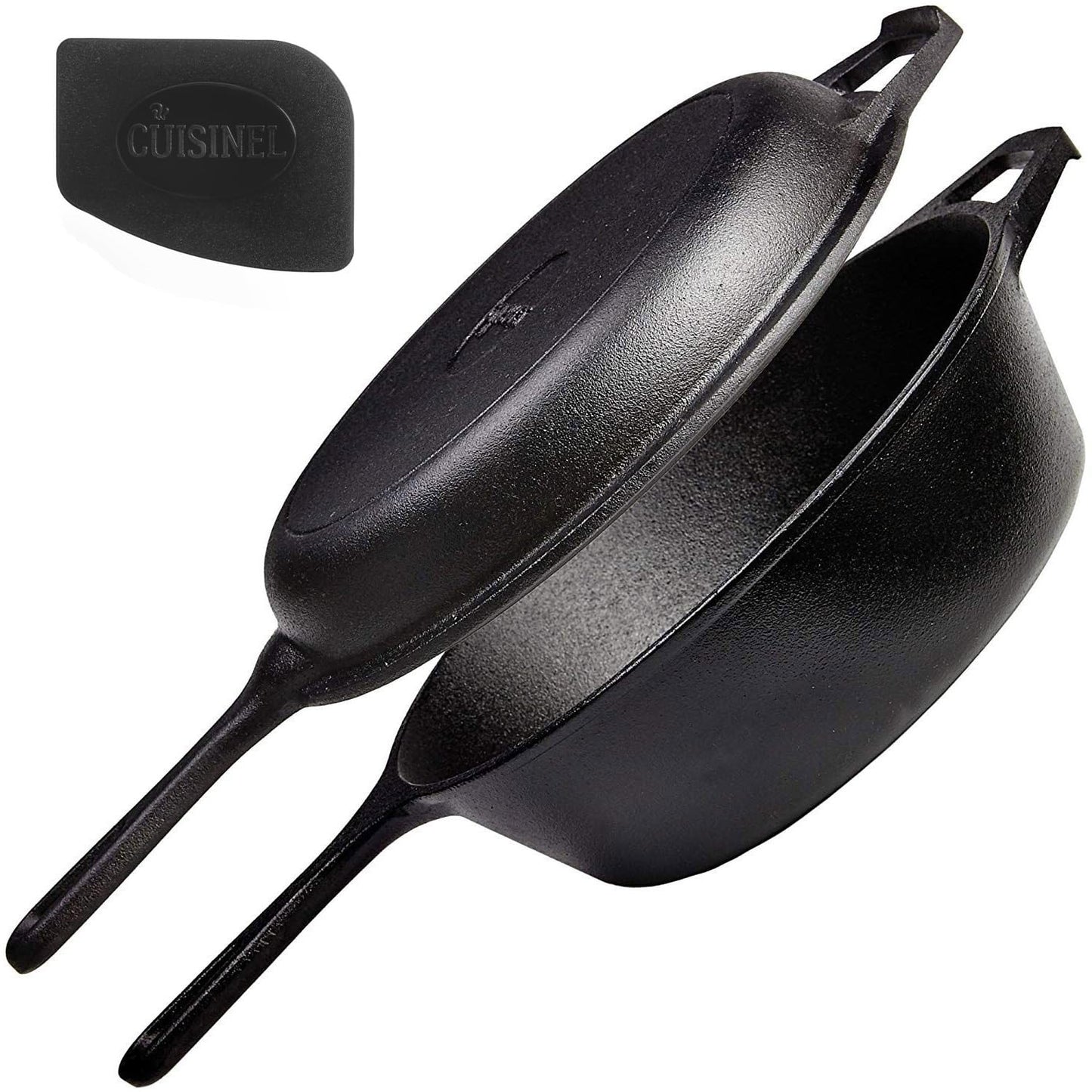 Cuisinel Cast Iron Dutch Oven - 7-Quart Deep Pot + Lid + Pan Scraper + Handle Covers - Large Pre-Seasoned Cooker for Baking Bread, Soup, Frying - Indoor/Outdoor Kitchen, Camping, Fire, BBQ Safe