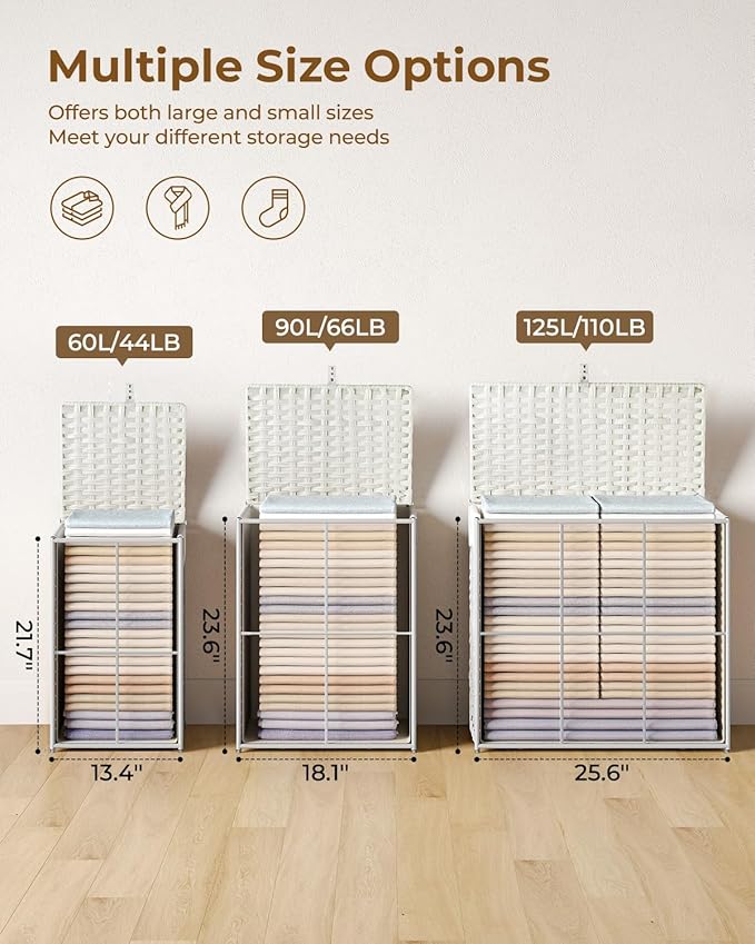 Greenstell Laundry Hamper with Lid, 125L Laundry Basket with 2 Removable Liner Bags & 2 Mesh Bags, Handwoven Synthetic Rattan Clothes Hamper for Clothes, Toys in Bathroom, Bedroom, Foldable, White
