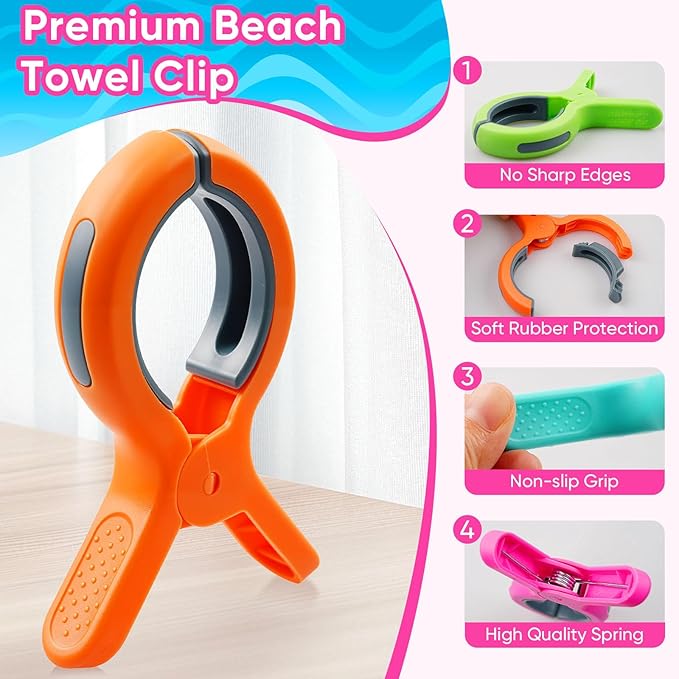 HiGift Beach Towel Clips for Beach Chairs, Towel Holder for Pool Lounge Chair Cruise Essentials, 8 Pack Jumbo Size Clothes Pins Vacation Must Have to Keep Towel from Blowing Away, 4 Bright Colors