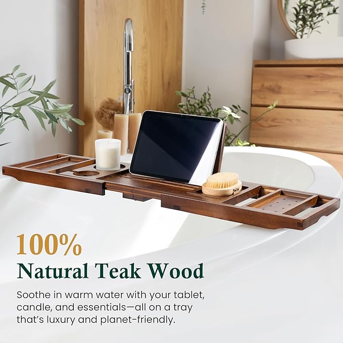 Teak Bathtub Tray, Bath Caddy with Wine Glass Holder, Phone Dock & Book Stand | Hands-Free Reading & Ultimate Spa Relaxation Experience-Brown