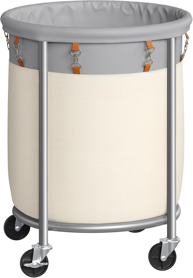 SONGMICS 29-Gallon (110 L) Laundry Basket with Wheels, Rolling Round Heavy-Duty Laundry Hamper Cart with Steel Frame and Removable Bag, 2 Locking Wheels, Dove Gray and Cream White URLS002GD02
