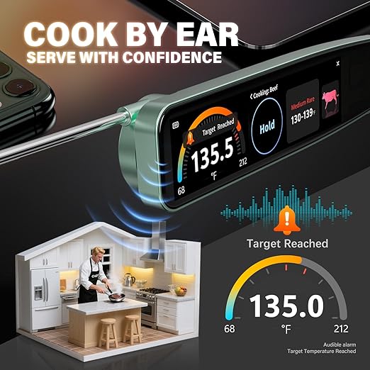 AWLKIM Instant Read Meat Thermometer Digital, 3.8" Touchscreen No App Needed Rechargeable Waterproof Kitchen Food Thermometer Probe for Cooking, Grill, BBQ, Candy, Oil Frying, 0.5F