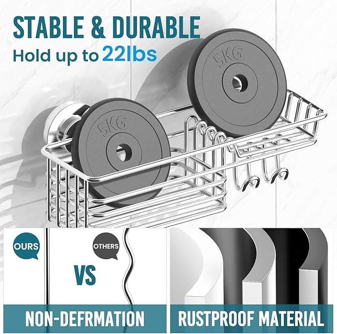 TAILI Suction Shower Caddy with 4 Hooks 1Tier-Silver