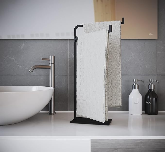 Hand Towel Holder for Bathroom Countertop - 17 Inch Tall Black Free-Standing Hand Towel Stand for Bathroom Counter - Non-Slip Base for Sink Top - Holds Two Full Size Handtowels, Fingertip, Washcloth