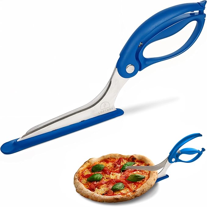 Loftern Pizza Scissors - Non-Stick Pizza Scissors with Firm Grip Base - Food Grade Stainless Steel Pizza Cutter - 5-in-1 Food Slicer & Pizza Server - Durable, Safe & Mess Free
