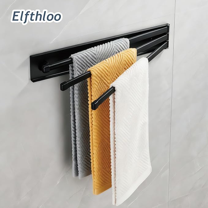 Swivel Foldable Towel Rack, Elfthloo 41cm(16 in) Rotating 3-Arm Towel Bar Rod, Space Saving Wall Mounted Holder, Stainless Steel Swing Out Hanger for Bathroom, Kitchen (1 Pack, Black)