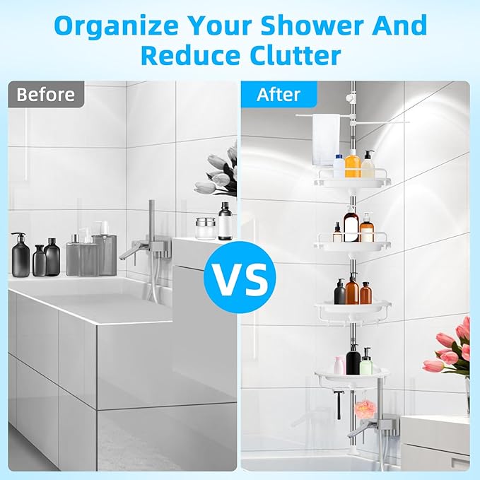 32-122inch Corner Shower Caddy Tension Pole White, Rustproof Drill-Free Shower Shelves for Bathroom Bathtub Washbasin, Adjustable Shower Organizer with 4 Tier Patent Stable Shelves & Towel Bars