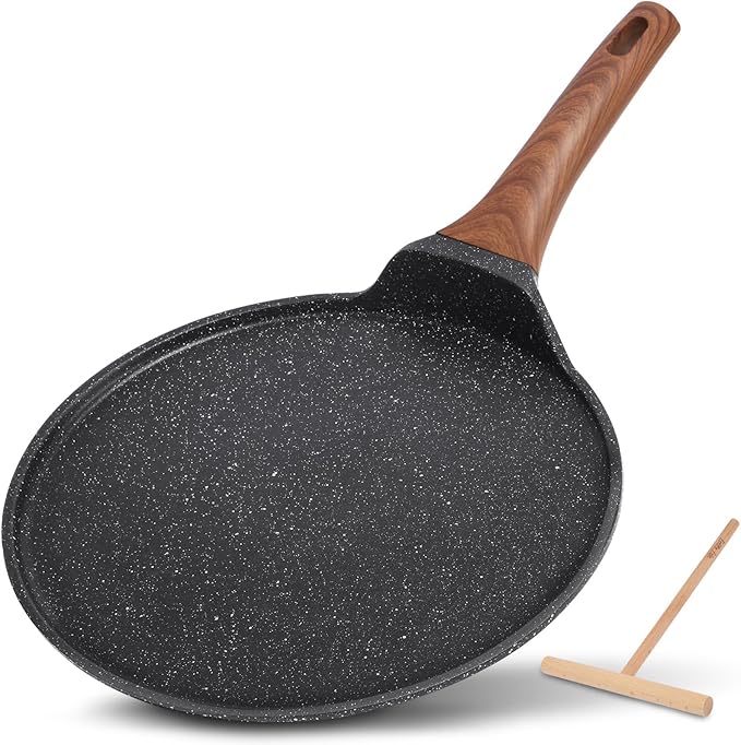 ESLITE LIFE 9.5 Inch Crepe Pan with Spreader, Nonstick Ceramic Coating Dosa Pan, Roti Tawa Comal Para Tortillas Pancake Griddle Pan, Induction Compatible, PTFE & PFOA Free, White
