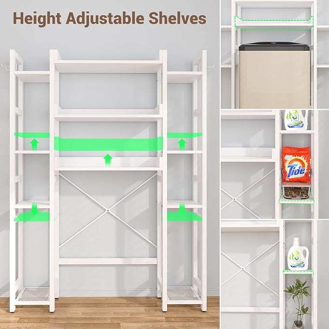 Over The Toilet Storage with 2 Drawers - 11 Tier Bathroom Organizer Freestanding Space Saver Storage Rack with Adjustable Shelf Above Toilet Stand with 4 Hooks for Restroom, Laundry, White
