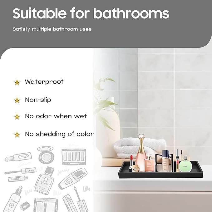 Vanity and Bathroom Tray, 15" ABS Countertop Organizer,Waterproof Vanity Tray for Toilet Tank,Perfume,Soap,Keys,Bathroom Accessories,Kitchen and Bath Trays,Non Slip Small Trays,Black