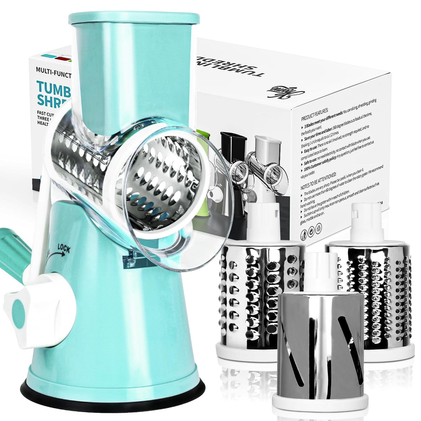 X Home Rotary Cheese Grater for Kitchen, Shredder with 3 Interchangeable Blades, Rotary Grater with Handle and Strong Suction Base, for Vegetables, Fruit, Nuts, Easy to Use and Clean, Black