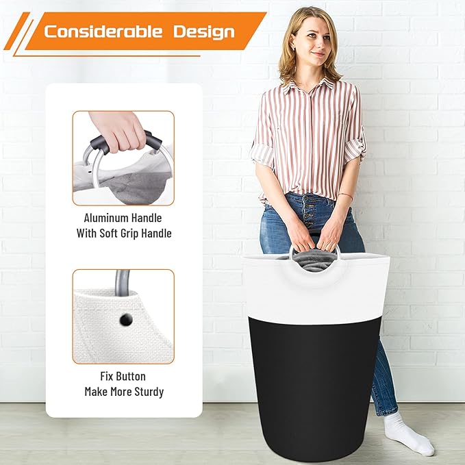 BlissTotes 75L Laundry Basket, Freestanding Laundry Hamper, Collapsible Dirty Clothes Hamper, Waterproof Fabric with Foam Protected Aluminum Handles for College, Dorm, Family (Black)