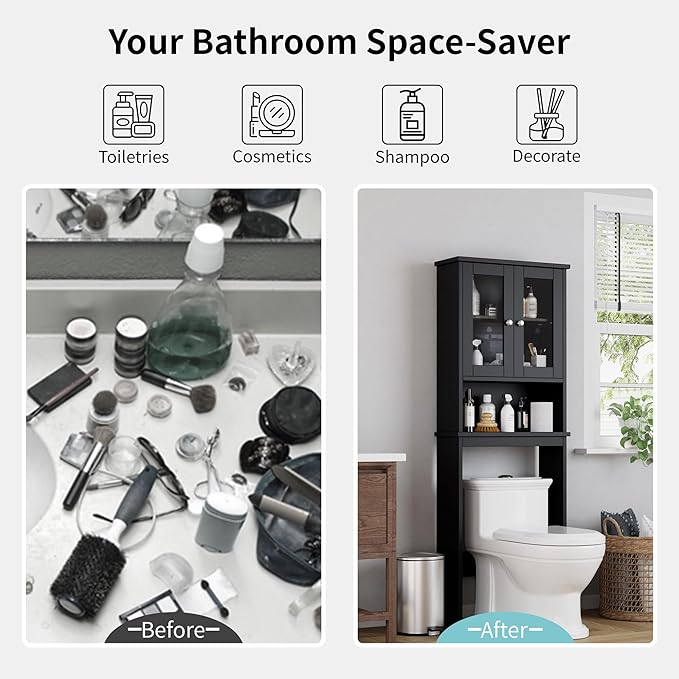 Shintenchi Over The Toilet Storage Cabinet, Bathroom Shelf Organizer with Anti-Tip Device Small Freestanding Space Saver with Adjustable Shelf and Glass Door, Black